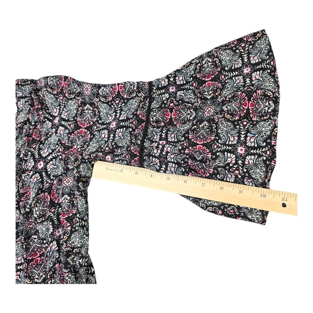 Solitaire Blouse Womens Medium Black Pink Boho Bell Sleeve Rayon Floral Crochet - Picture 10 of 11